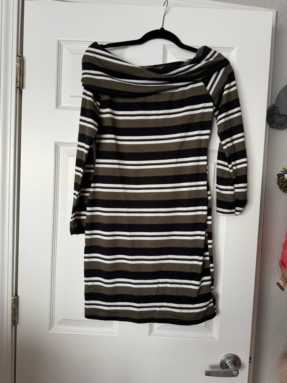 J for Justify Off-Shoulder Olive & Black Striped Women's Dress Size Medium